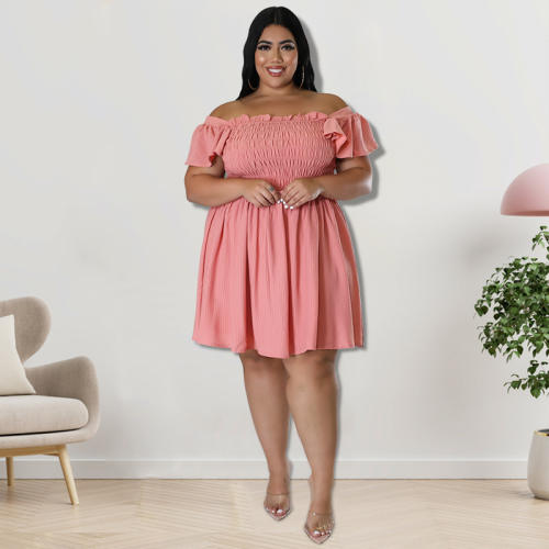 Plus size plain color off shoulder ruffle design short dress