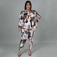 Plus size geometric pattern blouse pants set