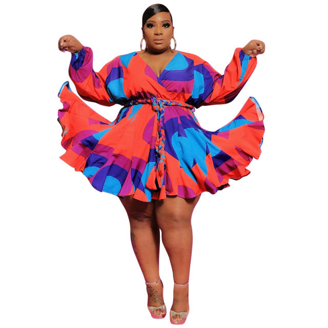 Plus size sexy V neck colorful pattern women short dress