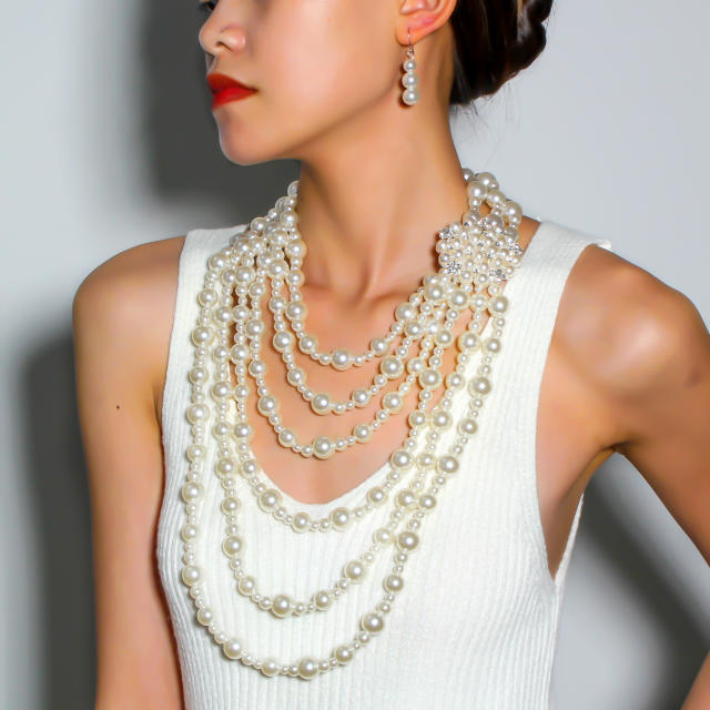 Vintage imitation pearl bead layer long necklace earrings set