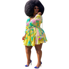 Plus size sexy V neck colorful pattern women short dress
