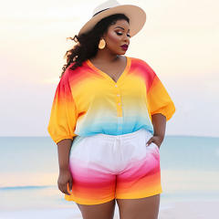 Plus size tie dye pattern short blouse set beach set
