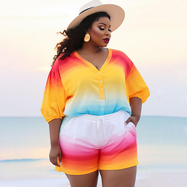 Plus size tie dye pattern short blouse set beach set