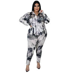 Plus size geometric pattern blouse pants set