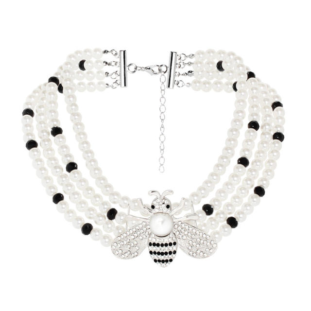 Personality rhinestone bee chunky imitation pearl choker necklace