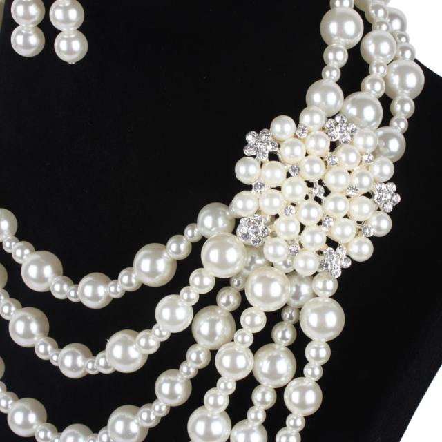 Vintage imitation pearl bead layer long necklace earrings set