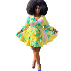 Plus size sexy V neck colorful pattern women short dress