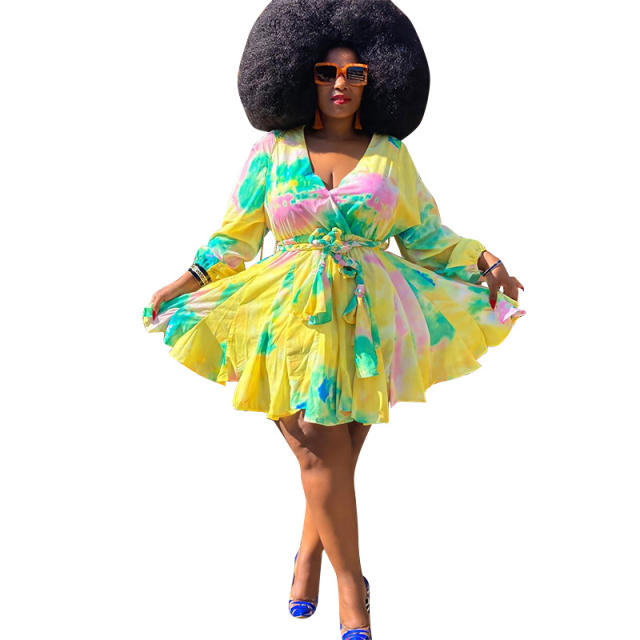 Plus size sexy V neck colorful pattern women short dress