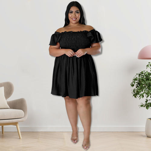 Plus size plain color off shoulder ruffle design short dress
