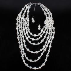 Vintage imitation pearl bead layer long necklace earrings set