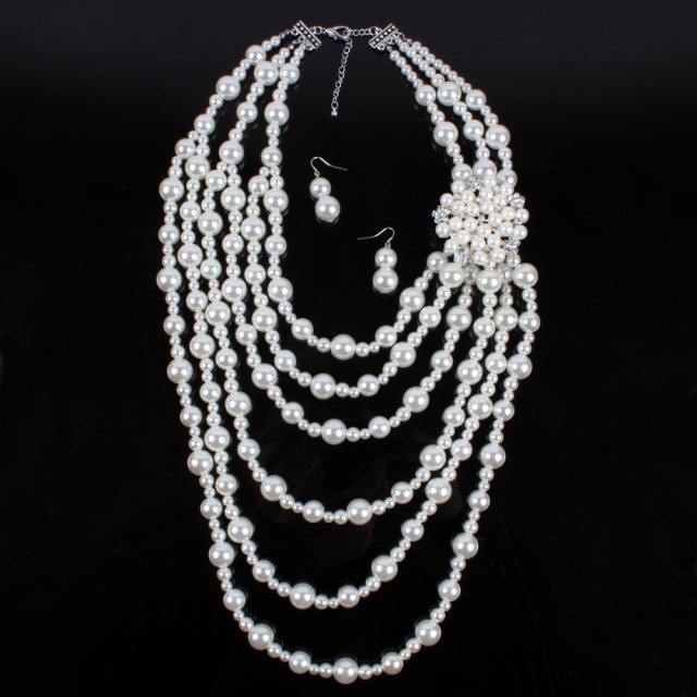 Vintage imitation pearl bead layer long necklace earrings set