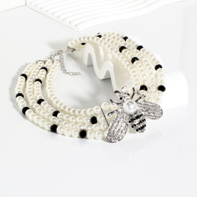 Personality rhinestone bee chunky imitation pearl choker necklace