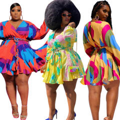 Plus size sexy V neck colorful pattern women short dress