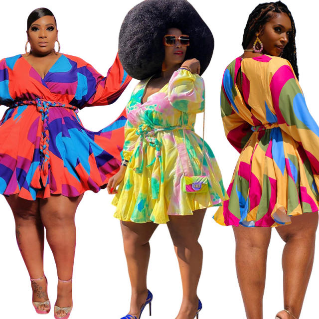 Plus size sexy V neck colorful pattern women short dress