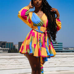 Plus size sexy V neck colorful pattern women short dress
