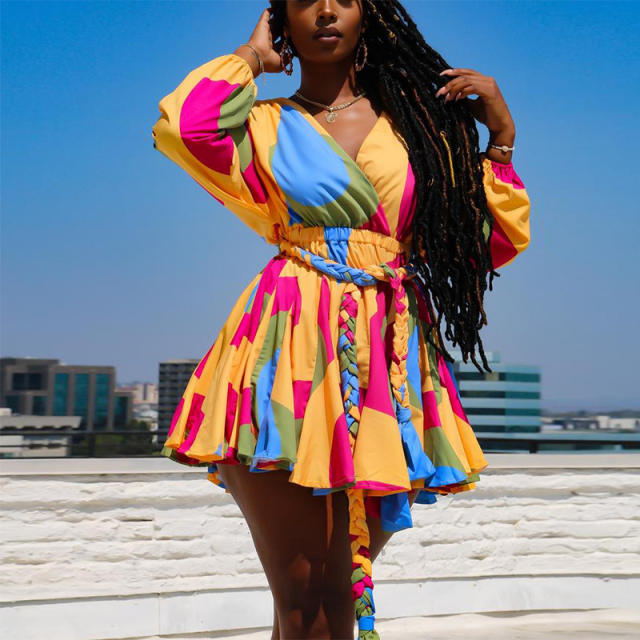 Plus size sexy V neck colorful pattern women short dress