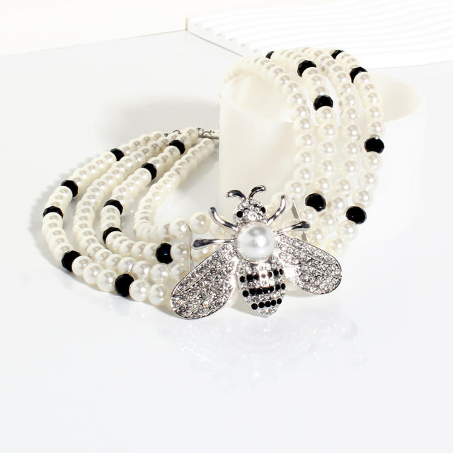 Personality rhinestone bee chunky imitation pearl choker necklace