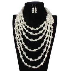 Vintage imitation pearl bead layer long necklace earrings set