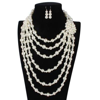Vintage imitation pearl bead layer long necklace earrings set