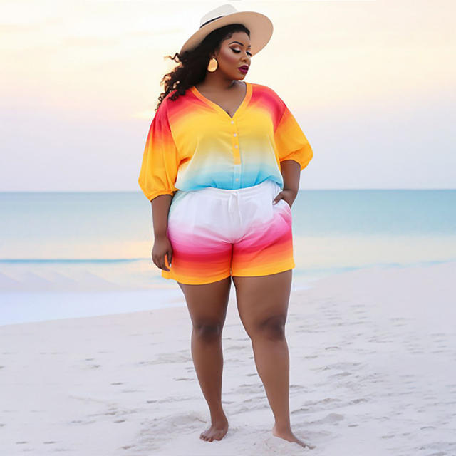 Plus size tie dye pattern short blouse set beach set