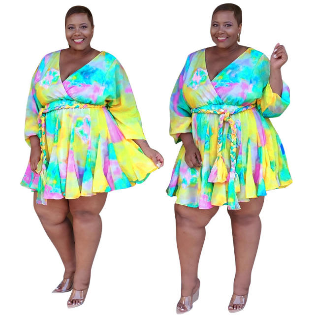 Plus size sexy V neck colorful pattern women short dress