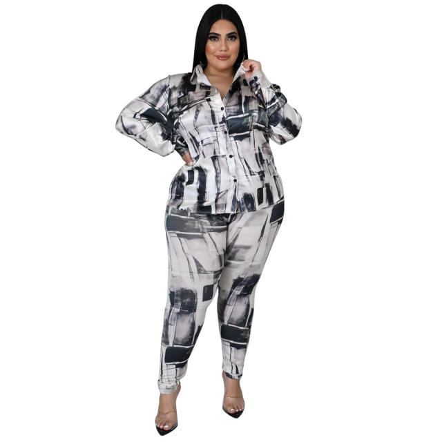 Plus size geometric pattern blouse pants set