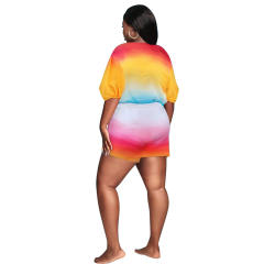 Plus size tie dye pattern short blouse set beach set