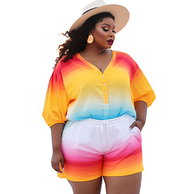 Plus size tie dye pattern short blouse set beach set