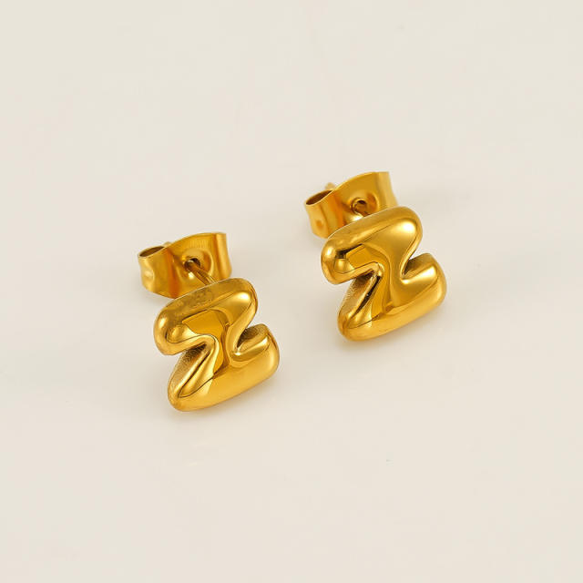 Chunky initial letter bubble letter stainless steel studs earrings