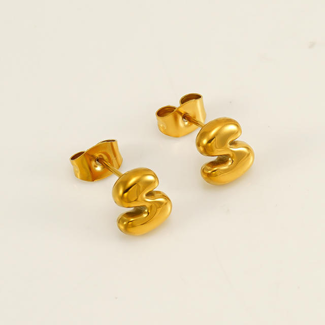Chunky initial letter bubble letter stainless steel studs earrings