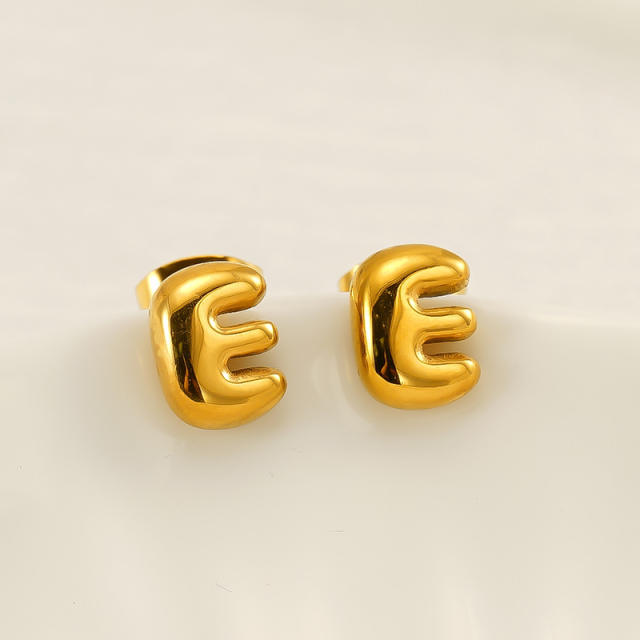 Chunky initial letter bubble letter stainless steel studs earrings