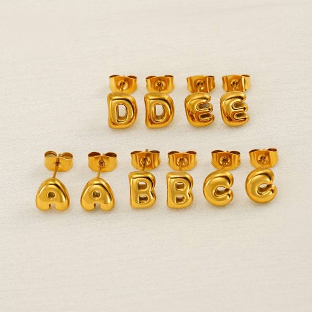 Chunky initial letter bubble letter stainless steel studs earrings