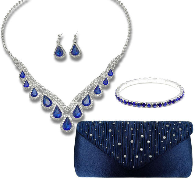 Delicate colorful glass crystal statement diamond jewelry set with evening bag