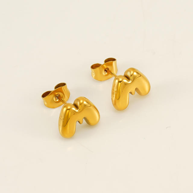Chunky initial letter bubble letter stainless steel studs earrings