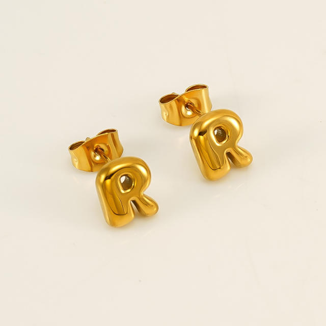 Chunky initial letter bubble letter stainless steel studs earrings