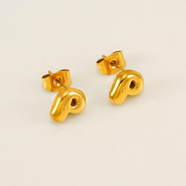 Chunky initial letter bubble letter stainless steel studs earrings