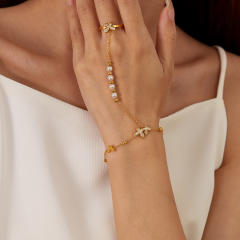 Eleagnt buttefly pearl beaded stainless steel ring bracelet