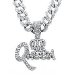 Hiphop rhinestone crown queen letter pendant cuban link chain necklace
