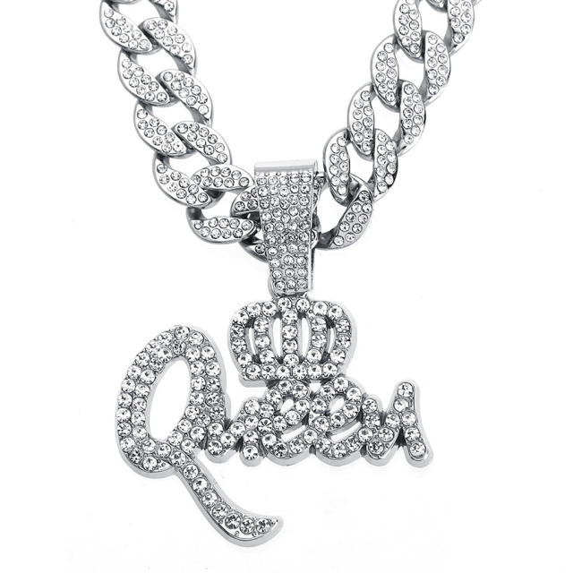 Hiphop rhinestone crown queen letter pendant cuban link chain necklace