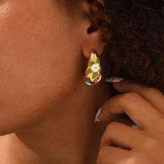 Summer color enamel flower chunky drop stainless steel earrings