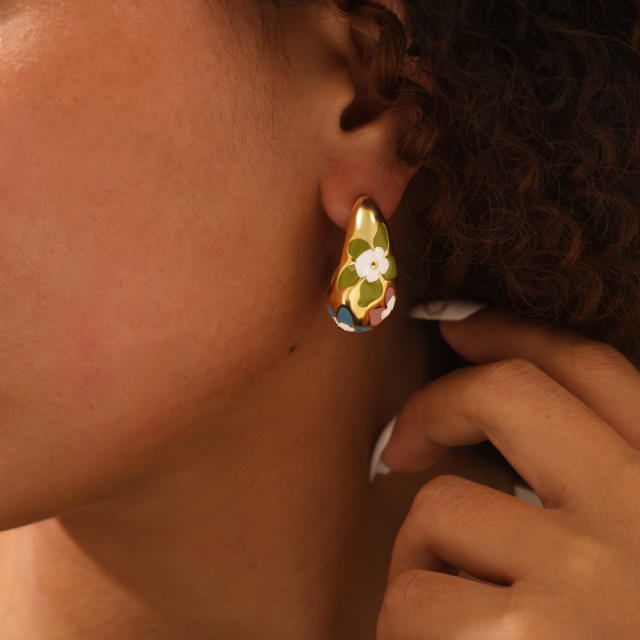 Summer color enamel flower chunky drop stainless steel earrings