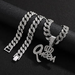 Hiphop rhinestone crown queen letter pendant cuban link chain necklace
