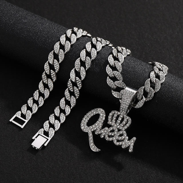 Hiphop rhinestone crown queen letter pendant cuban link chain necklace