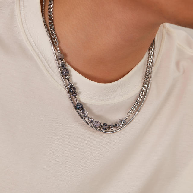 Hiphop two layer natural stone bead stainless steel necklace for men