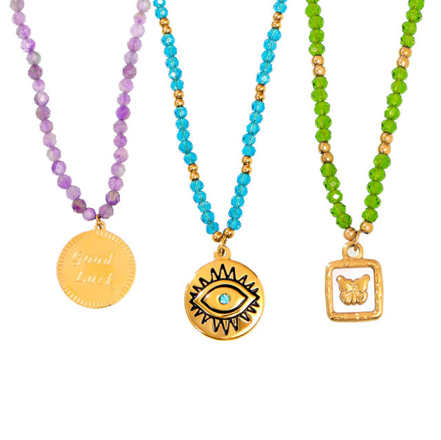 Summer colorful crystal bed evil eye coin butterlfy charm stainless steel necklace