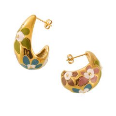 Summer color enamel flower chunky drop stainless steel earrings