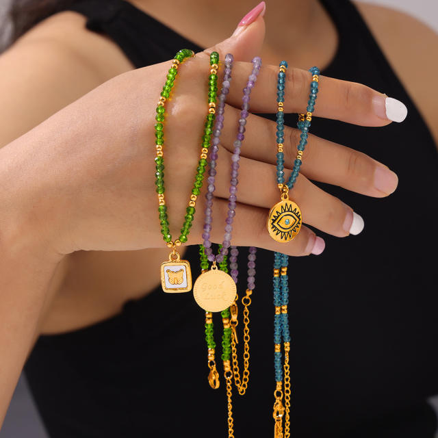 Summer colorful crystal bed evil eye coin butterlfy charm stainless steel necklace
