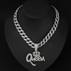 Hiphop rhinestone crown queen letter pendant cuban link chain necklace