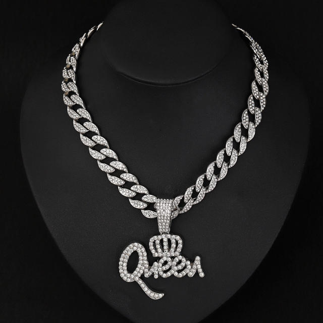 Hiphop rhinestone crown queen letter pendant cuban link chain necklace