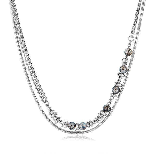 Hiphop two layer natural stone bead stainless steel necklace for men